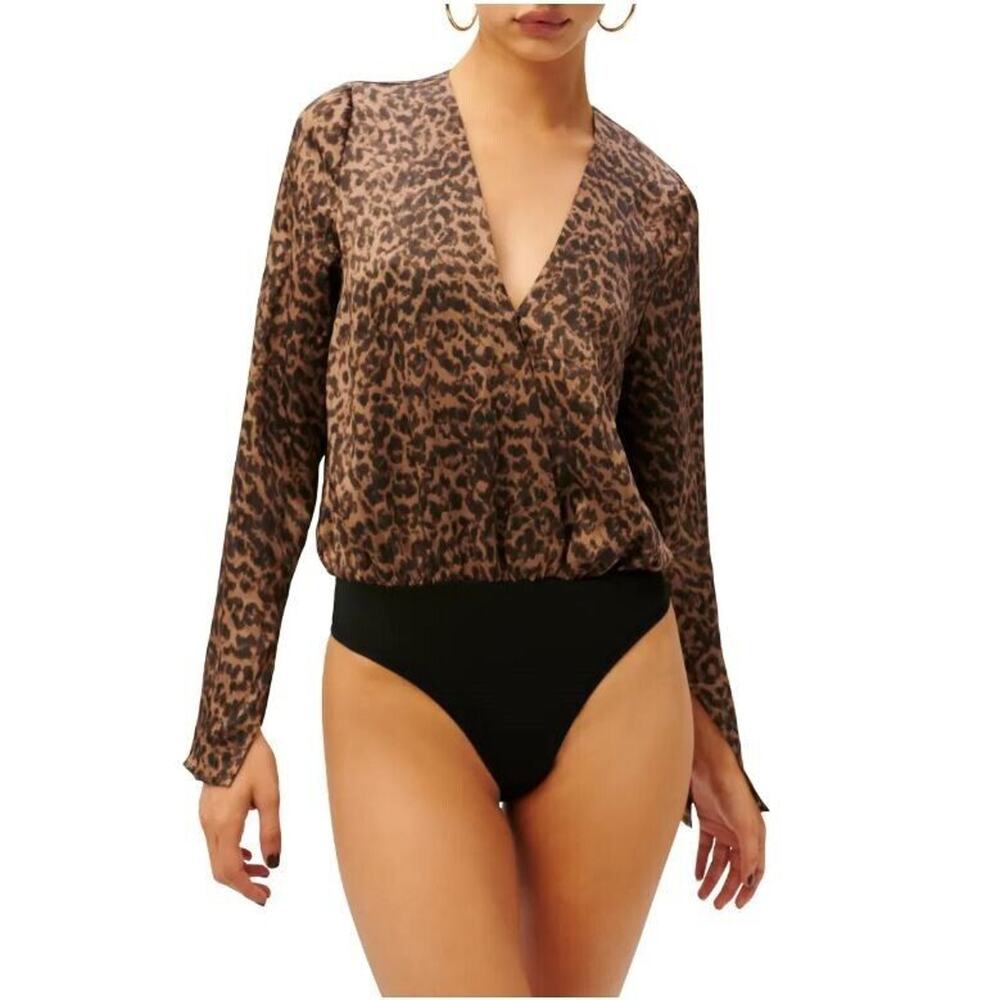 Good American Women Leopard Viscose Flowing Faux Wrap Thong Bodysuit Size 0 (XS)